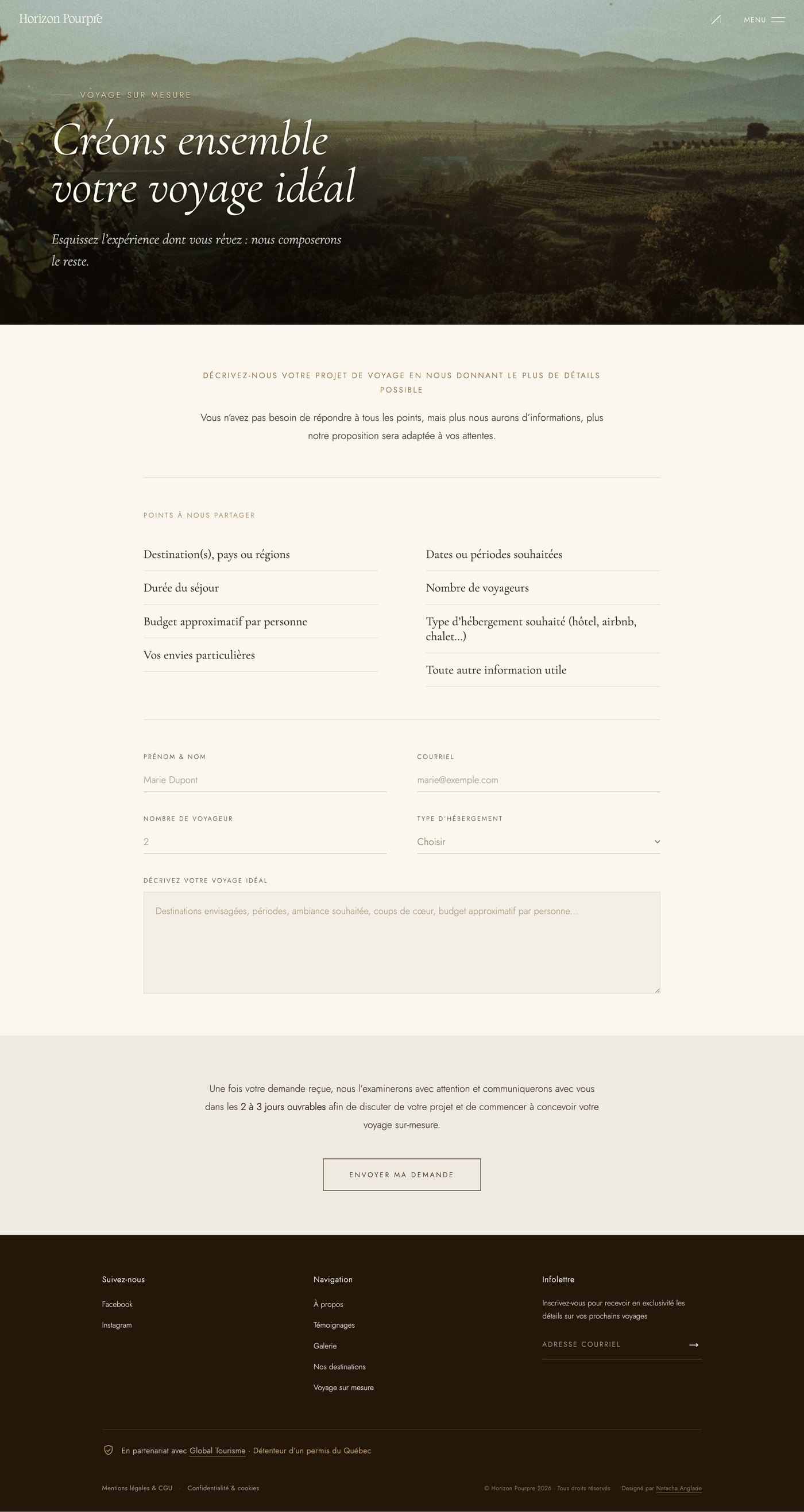 Page Voyage sur-mesure